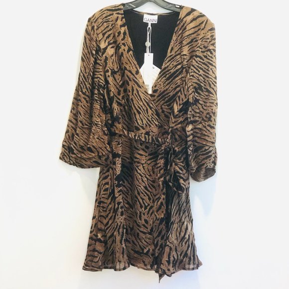 NWT GANNI MINI Georgette Wrap Dress, Tiger Pattern Size 12 (44) - Picture 10 of 14